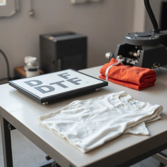 DTF transfer sheets and a heat press setup next to a folded t-shirt for garment printing