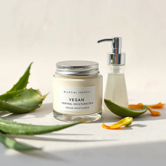 Minimal skincare scene with a vegan moisturizer jar, pump bottle, and natural plant ingredients