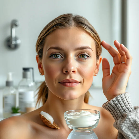 Person applying fragrance-free moisturizer with a cotton pad on a clean vanity