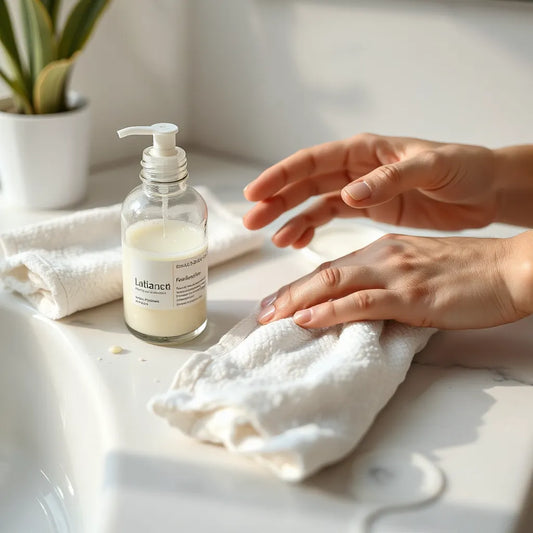 Hands applying creamy moisturizer to dry skin next to lotion bottle and damp cloth