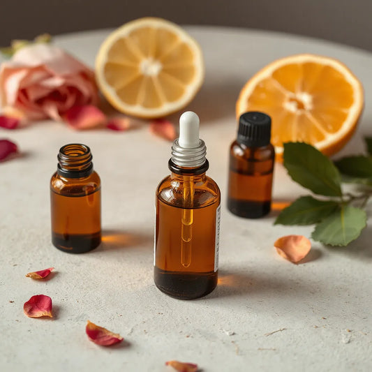 Amber beauty oil bottles with a dropper and soft natural skincare elements on a light stone surface