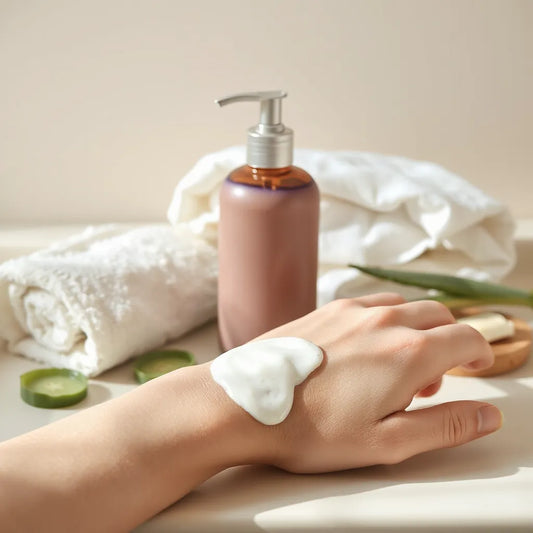 Pump body lotion with creamy texture on the back of a hand beside a towel and aloe leaves