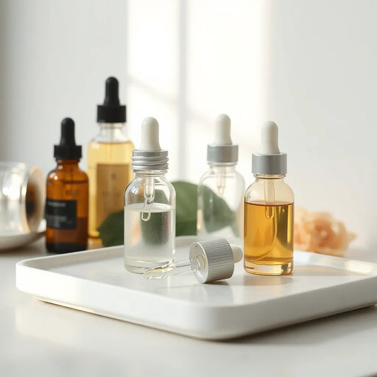Dropper serum bottles with a glass dropper on a clean vanity under soft natural light