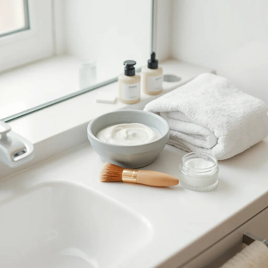 Creamy exfoliating face mask in a bowl with a skincare brush on a clean vanity
