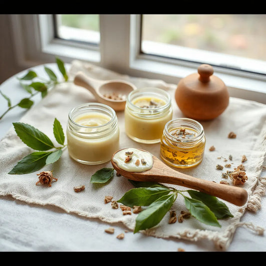 Herbal skincare jars and natural botanicals arranged on a clean linen surface