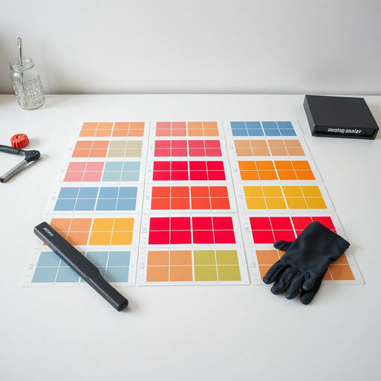 Neatly arranged custom DTF transfer sheets on a clean workbench with print tools nearby