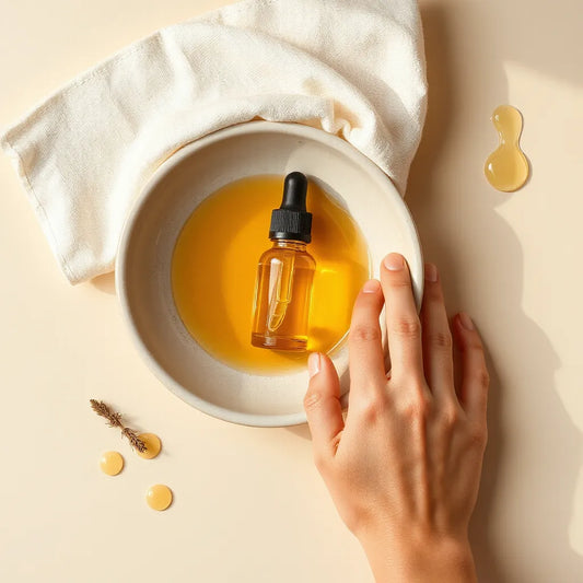 Facial cleansing oil dropper and bowl with drops on a hand beside a soft cloth