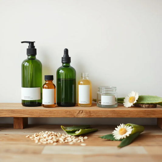 Glass jars and bottles of natural skincare with aloe leaves and chamomile flowers on a wooden surface