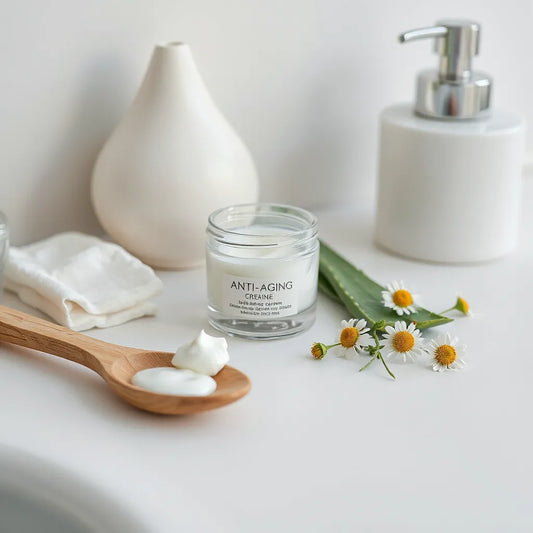 Jar of natural anti-aging cream with a wooden spatula beside fresh aloe and chamomile