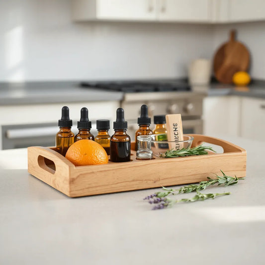Small glass dropper bottles and herbs arranged on a tray for making essential oil blends.