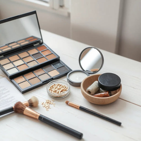 Minimal vanity setup with a makeup palette and brushes alongside natural ingredient jars for safer cosmetic choices